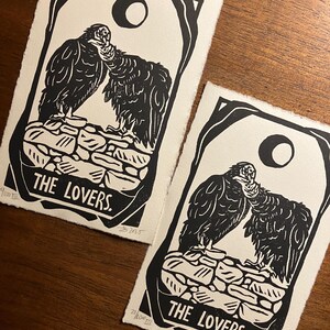The Lovers Tarot Card Print, 3rd Edition Block Print Unframed, Signed and Numbered, vultures birds death corvids animals nature dark witch image 2
