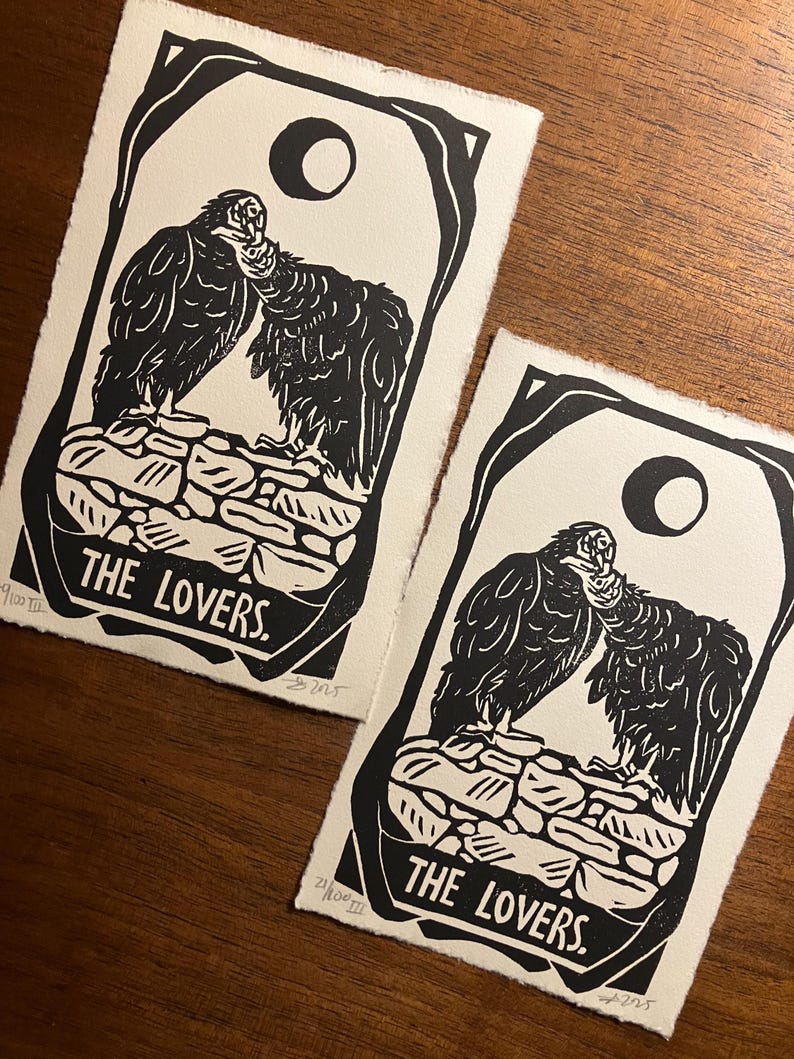 The Lovers Tarot Card Print, 3rd Edition Block Print Unframed, Signed and Numbered, vultures birds death corvids animals nature dark witch image 2