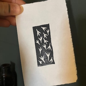 May include: A black and white print of a series of bird footprints on a white background.