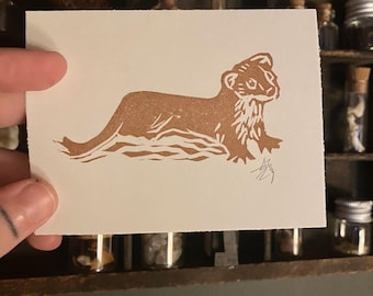 Tiny Stoat, 3x4 Block Print Unframed, Signed, tiny art animals weasel rodent redwall forest nature creature wildlife illustration mouse rat
