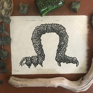 May include: Black and white linocut print of a centipede with the text "PEARS + VALVES" and the number "2/25" in the bottom left corner.