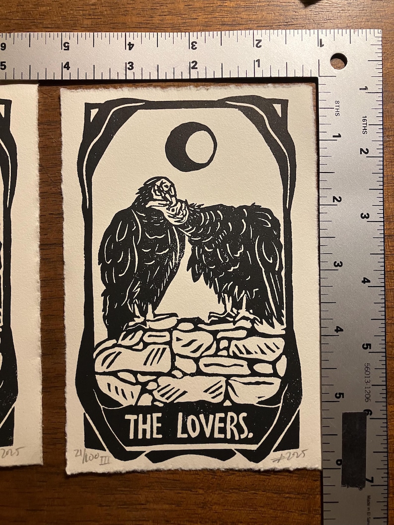 The Lovers Tarot Card Print, 3rd Edition Block Print Unframed, Signed and Numbered, vultures birds death corvids animals nature dark witch image 3