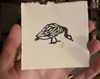 Goose, 3x3 Block Print Unframed, Signed, tiny art forest birds dark naturalism wildlife illustration Great Lakes Midwest geese ducks water