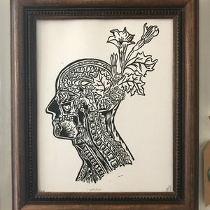 Voyage Block Print, Second-Edition Original Art Unframed, Signed and Numbered, Anatomical Botanical Universe Mind Meditation Brain Skull