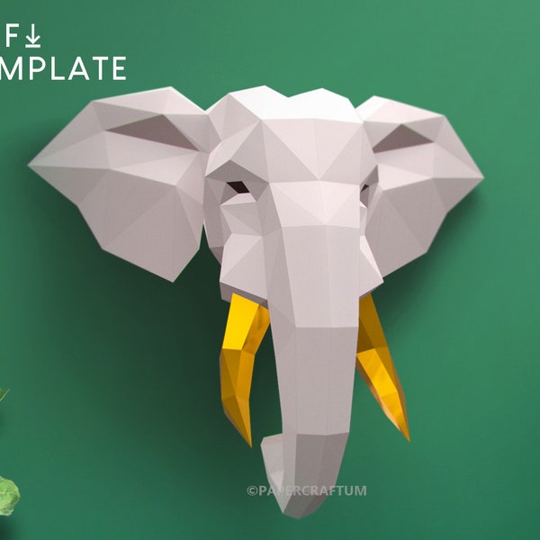 Décor de tête de montage mural d'éléphant, artisanat en papier d'éléphant, trophée mural, tête d'éléphant géométrique, 3D Low Poly, papercraft de tête d'éléphant, art mural