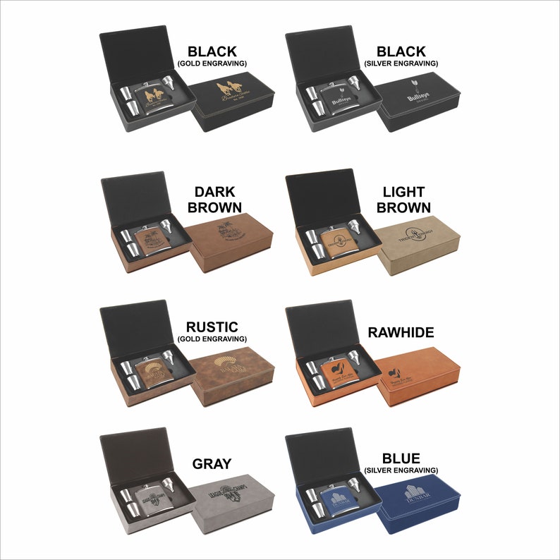 May include: Set of eight different colored faux leather boxes with a flask and two shot glasses inside. The boxes are labeled with the colors: Black, Dark Brown, Light Brown, Rustic, Rawhide, Gray, and Blue.