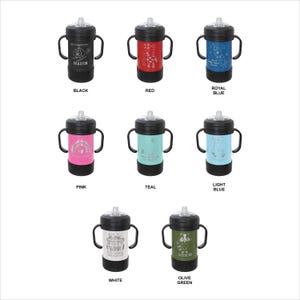 May include: Set of 8 insulated stainless steel cups with different colored lids and designs. The cups have two handles and are designed for children. The colors include black, red, royal blue, pink, teal, light blue, white, and olive green.