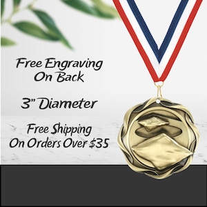 3" Custom Engraved Cornhole Medal w/ Ribbon - Gold Silver Bronze Finish - Free Personalization