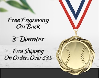 3&quot; Custom Engraved Baseball Medal with Neck Ribbon - Gold Silver Bronze Finish - Free Personalization - Little League Medals