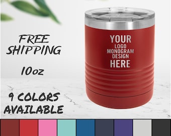 Vaso de cuello redondo grabado a láser con imagen, logotipo o texto personalizados. 10 oz. Polar Camel personalizado, aislado, de acero inoxidable con tapa.