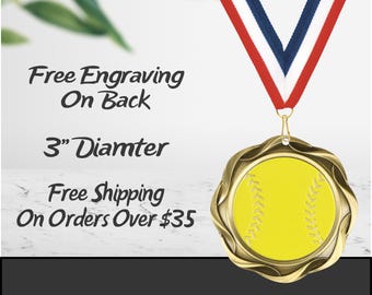 3&quot; Custom Engraved Softball Medal with Neck Ribbon - Gold Silver Bronze Finish - Free Personalization - Little League Medals