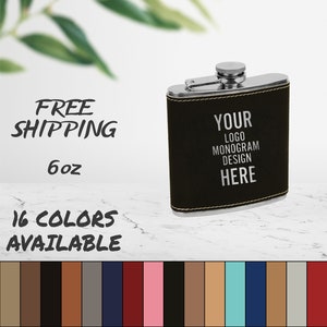 Laser Engraved 6oz Leatherette Flask With Custom Image, Logo, and/or Text. Personalized Flask With Metal Funnel.