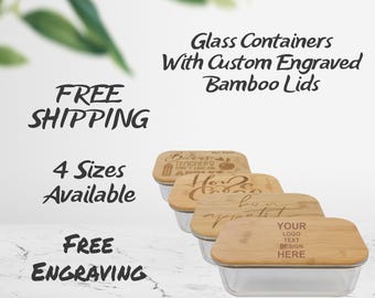 Laser Engraved  Glass Container With Bamboo Lid.  3 Sizes Available With Custom Engraving Of Logo, Monograms and/or Text.  Great Gift Idea.