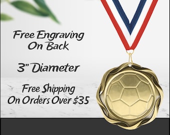 3&quot; Custom Engraved Soccer Medal w/ Ribbon - Gold Silver Bronze Finish - Free Personalization