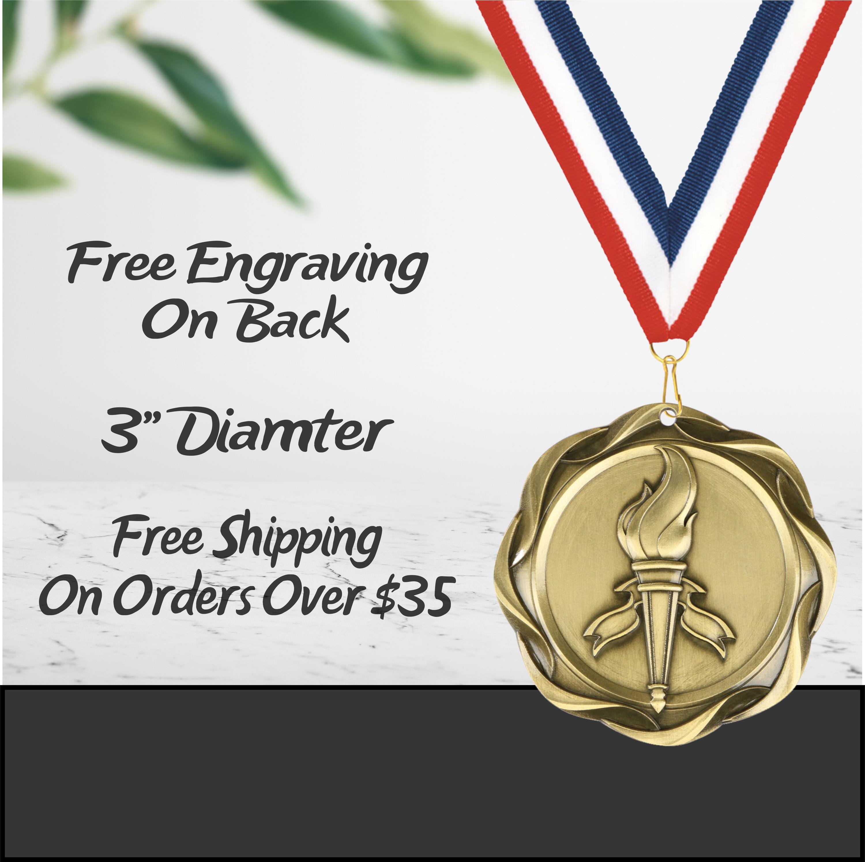 Victory Medal with Neck Ribbon - Gold, Silver and Bronze Finish - Free Personalization - Heavy Duty 3" Medal With Custom Engraving