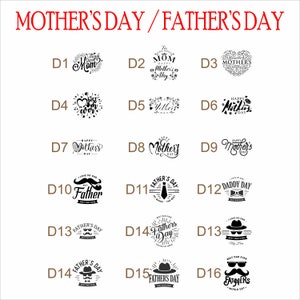 May include: A black and white graphic design image with 16 different designs for Mother's Day and Father's Day. The designs feature various text and illustrations, including hearts, flowers, and ties.