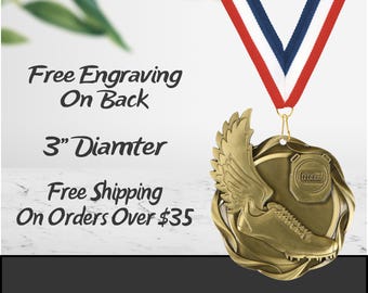 3&quot; Custom Engraved Track or Cross Country Medal with Neck Ribbon - Gold Silver Bronze Finish - Free Personalization