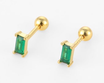 Tiny Emerald Baguette cartilage stud earrings screw back, small stud earring, helix stud, tragus stud, conch earring, rectangle cz earring