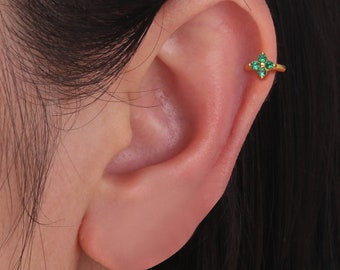 Sterling silver Tiny Emerald helix hoop earring-cartilage hoop earrings-tragus hoop-small huggie hoops-minimalist earrings-flower hoops