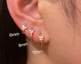 Sterling silver small butterfly hoop earring, tiny gold hoop, huggie hoop earring, butterfly earring, mini hoop earring, cartilage hoops