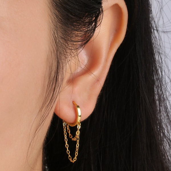 1 Pair Sterling silver small hoop earrings with chain, gold chain earrings, chain loop earrings, huggie hoop earrings, , minimal dainty hoop