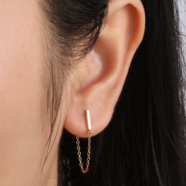 1 Pair Sterling Silver Simple bar chain stud earring-gold chain earring-Minimalist dainty stud earring-dangle drop chain earring-bar earring
