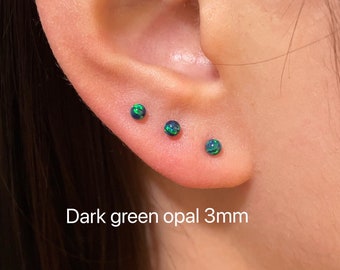 1 Pair Tiny Dark green opal earring, Sterling silver small stud earring, opal earring, Gift for mom, mini gold stud, minimalist dainty stud