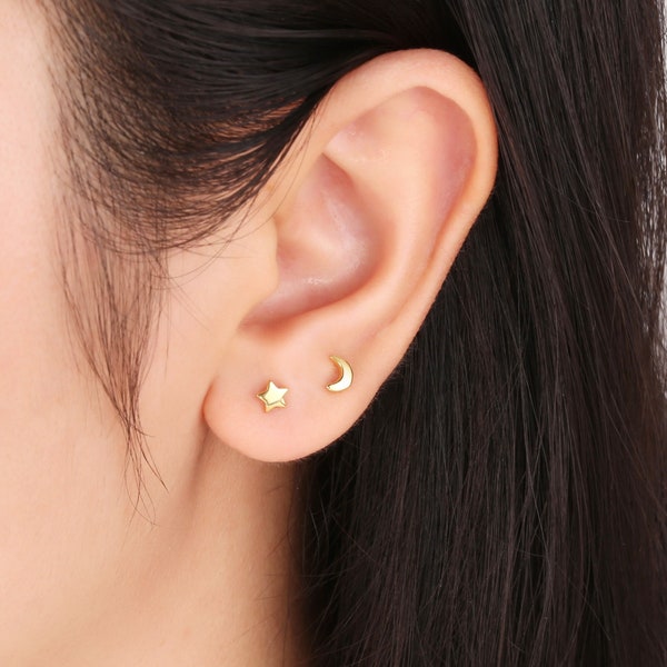 Sterling silver Star & moon mismatch stud earrings, star earring, gold moon earring, celestial earring, small stud earring, dainty earring