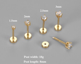 18g labret stud, 925 sterling silver, Tiny cz stud, Flat back earring, earlobe, helix, tragus, conch, cartilage stud, gold mini stud