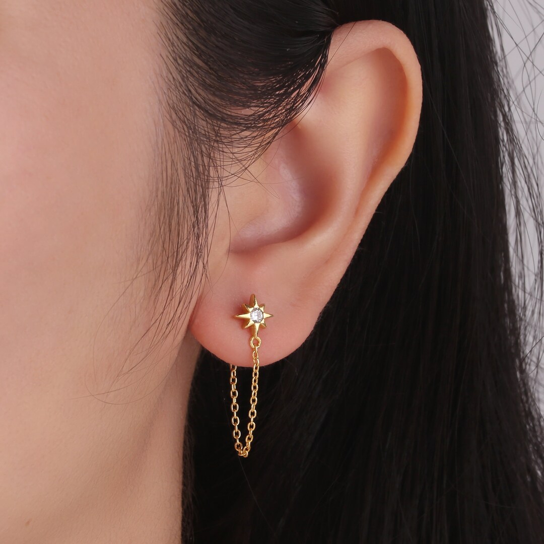 Sterling Sliver Star Stud Earringgold Chain Earringminimalist Dainty