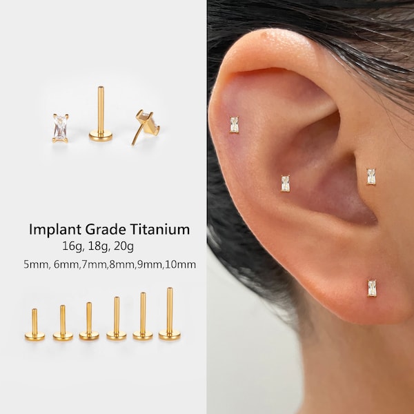 20G/18G/16G Tiny baguette stud, Implant Grade Titanium Push Pin Labret, Threadless Flat Back Earring, Tragus Stud, Helix Stud, nose stud