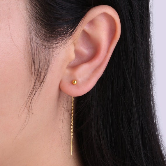 1 Pair Sterling Silver Tiny Dot Ear Threader Chain Earrings Tiny