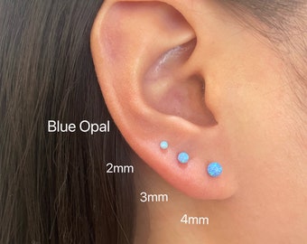 1 Pair tiny blue opal earring, Sterling silver opal stud earring, opal earring, small ball studs, minimalist dainty studs, tiny studs