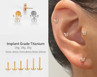 20G/18G/16G Tiny butterfly stud, Titanium Push Pin Labret, Threadless Flat Back Earring, Tragus Stud, Helix Stud, nose stud, cartilage stud