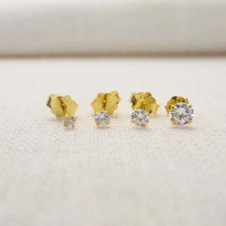 1 Pair Sterling Silver Tiny cz stud earring, cubic zirconia small stud earring, gold mini stud, cartilage earring, minimalist dainty earring image 2