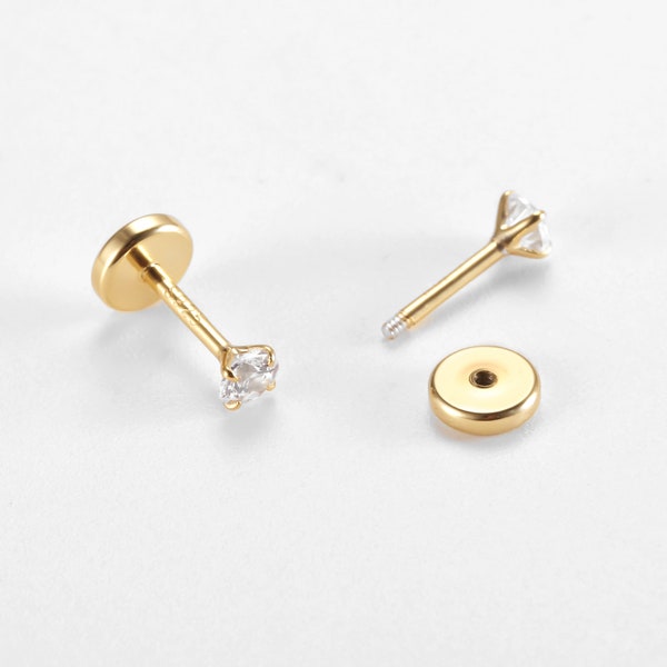 Sterling silver flat back stud, Tiny cz stud, everyday sleeper earring, helix stud, tragus stud, conch stud, cartilage stud, tiny gold stud