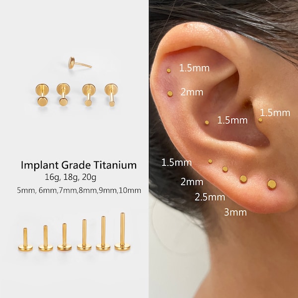 20G/18G/16G tiny flat circle stud, Implant Grade Titanium Push Pin Labret, Threadless Flat Back Earring, Tragus Stud, Helix Stud, small stud