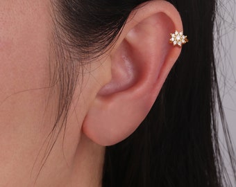 Sterling silver Flower cartilage hoop earrings-helix hoop earrings-tragus earring-tiny hoop earring-mini gold hoop-minimalist earrings
