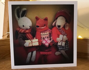 Christmas fox, rabbit and dog card. 10cm square with envelope. Printed on recycled card