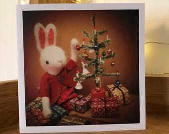 Christmas bunny card. 10cm square with envelope. Printed on recycled card.