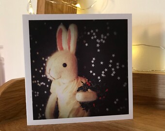 Christmas bunny card. 10cm square with envelope. Printed on recycled card.