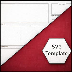 May include: A white template with dotted lines and the text "Cover" and "Inside Cover". The template is on a red background with a hexagon shape that says "SVG Template".