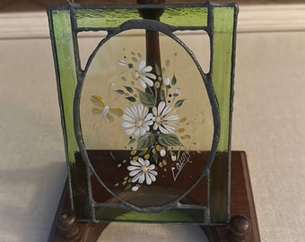 Vintage Laure DeMey signed hand painted stained glass sun catcher.