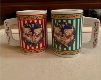 Red and Green oversized Christmas mugs with Teddy Bear detail - set of 2