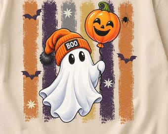 Boo Ghost Pumpkin Balloon PNG, Halloween Striped Background Design, Beanie Ghost Sublimation(Digital Download)