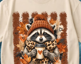 Raccoon Coffee Latte PNG, Fall Leopard Scarf Design,  Coffee Lover Shirt Print(Digital Download)