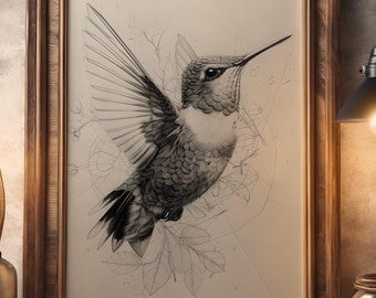 Kolibri Skizze Kunstdruck: Monochromer Vogel Leinwand (Digitaler Download)