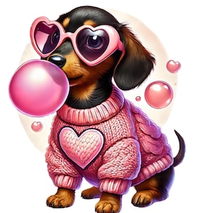 Cute Dachshund Puppy PNG | Bubble Gum Dog Clipart in Pink Sweater | Adorable Digital Art for Stickers, T-Shirts, Mugs & More,Funny Dog png
