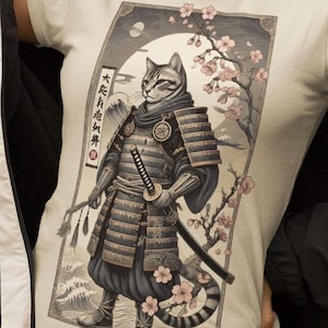 Samurai Cat Graphic png| Epic Warrior Cat in Armor | Japanese Art Inspired Cat Lover png,Unique Samurai Cat Design png,Cherry Blossom Cat