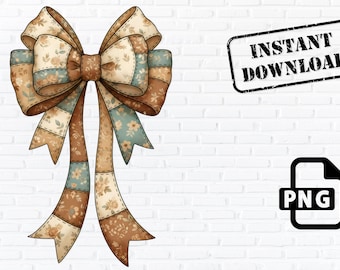 Vintage Floral Patchwork Bow PNG Digital Download Clipart